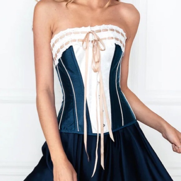 Corset Story Victorian Double Layered Ribbon Straight Overbust Corset Blue UK 10 - Picture 1 of 11